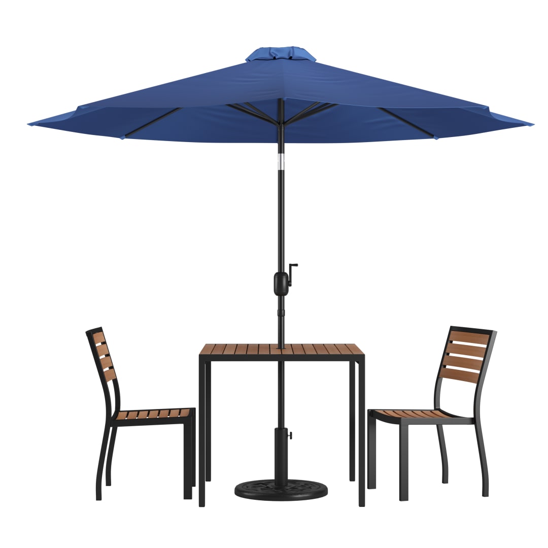 Lark 5 Piece All-Weather Deck or Patio Set-2 Stacking Faux Teak Chairs, 35" Square Faux Teak Table, Navy Umbrella & Base