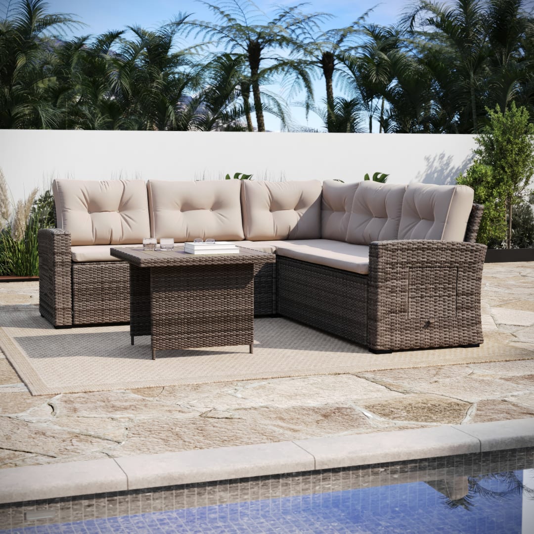 Huck Indoor/Outdoor Wicker Rattan Conversation Set, L-Shaped Sofa with Dining Table, Weather Resistant Cushions, Beige and Brown