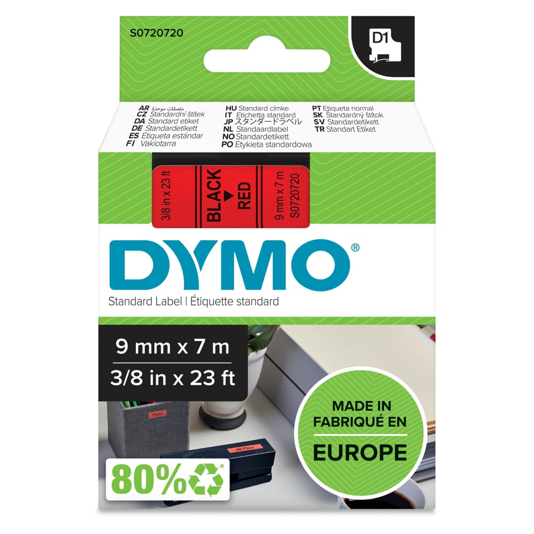 DYMO® Authentic D1 Labels | Black Print on Red Tape | 9 mm x 7 m | Self-Adhesive Labels for LabelManager Label Makers | Made in Europe