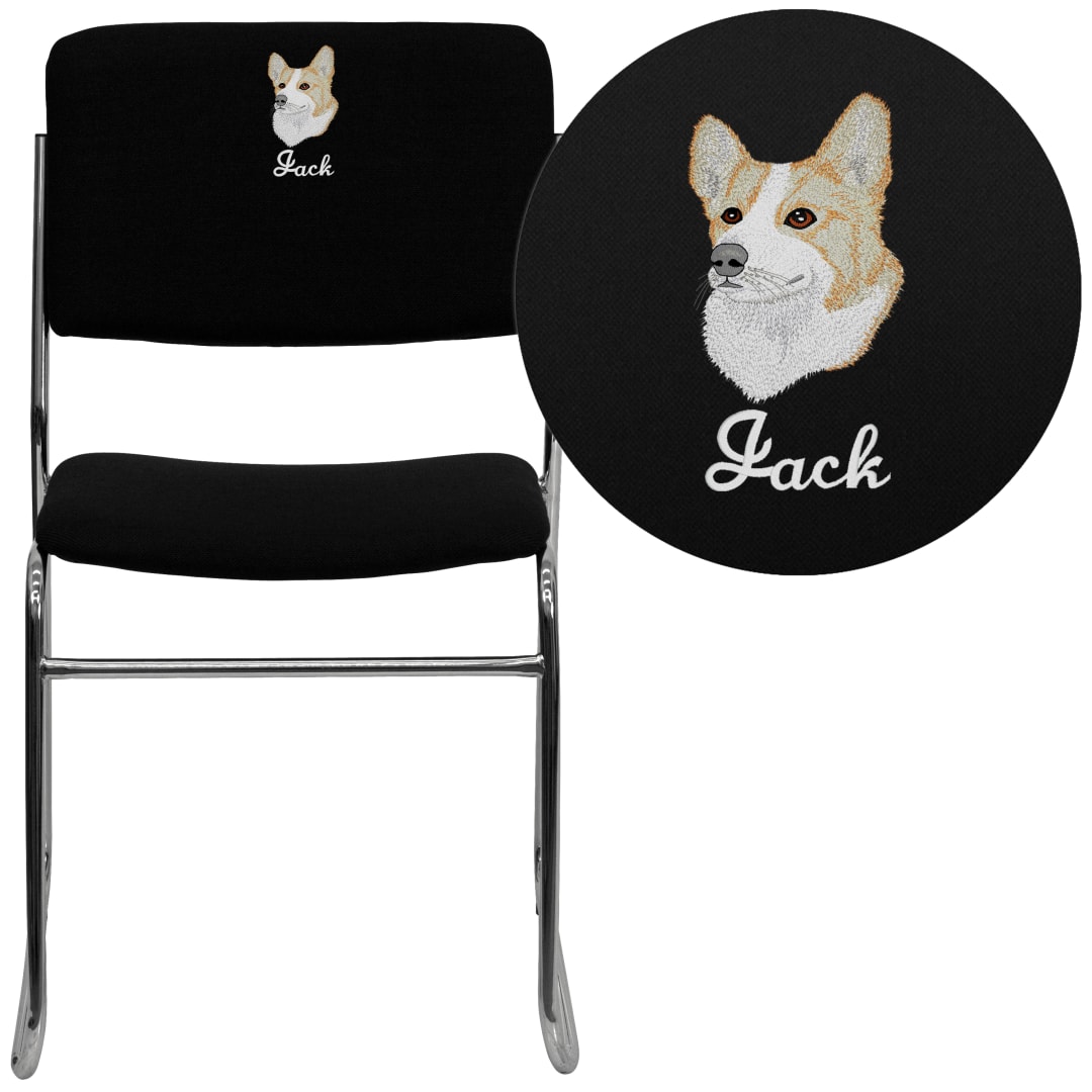 Embroidered HERCULES Series 500 lb. Capacity Black Fabric High Density Stacking Chair with Chrome Sled Base