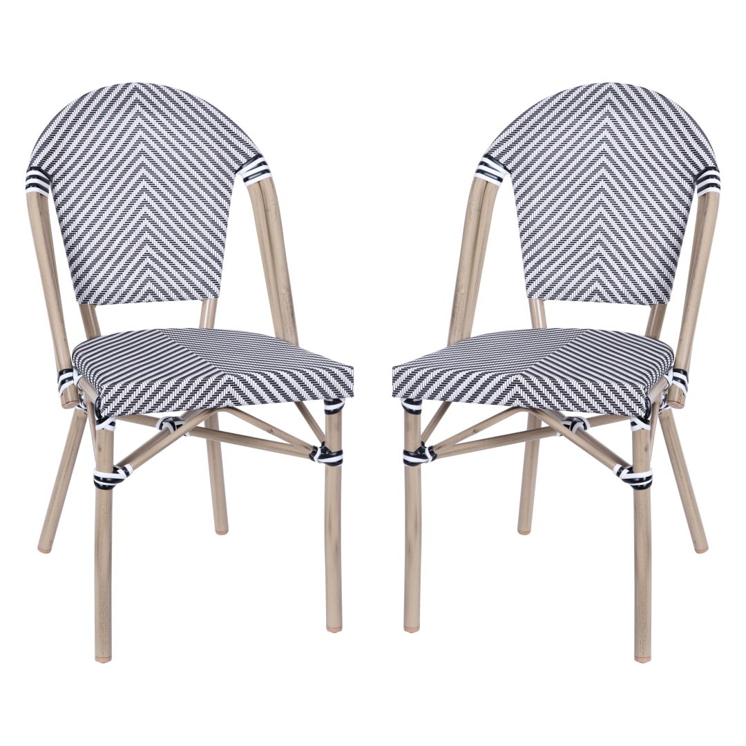 Marseille Set of 2 Indoor/Outdoor Commercial Bistro Stacking Chair, Black Textilene Back and Seat, Bamboo Print Aluminum Frame in Light Natural