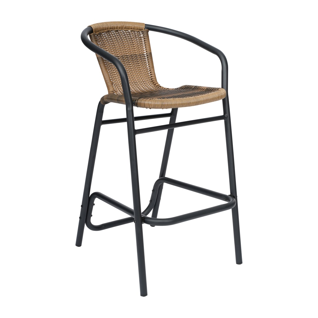 Lila Commercial Grade Indoor-Outdoor PE Rattan Restaurant Barstool with Black Aluminum Frame and Footrest in Medium Brown