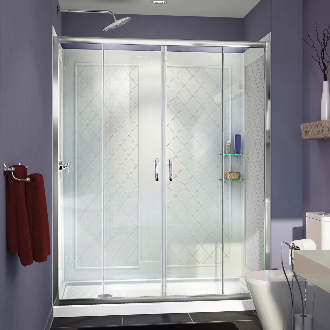 DreamLine Visions 30 inch D x 60 inch W x 76 3/4 inch H Semi-Frameless Sliding Shower Door in Chrome, Left Drain Shower Base, and Wall Kit in White