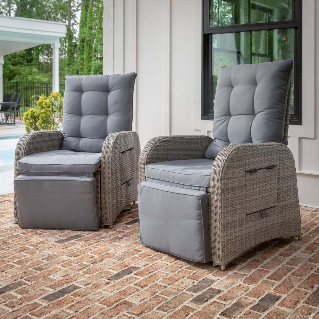 Nemo Set of 2 Indoor/Outdoor Patio Wicker Rattan Recliner Lounge Chairs with Flip up Side Tables, Gray