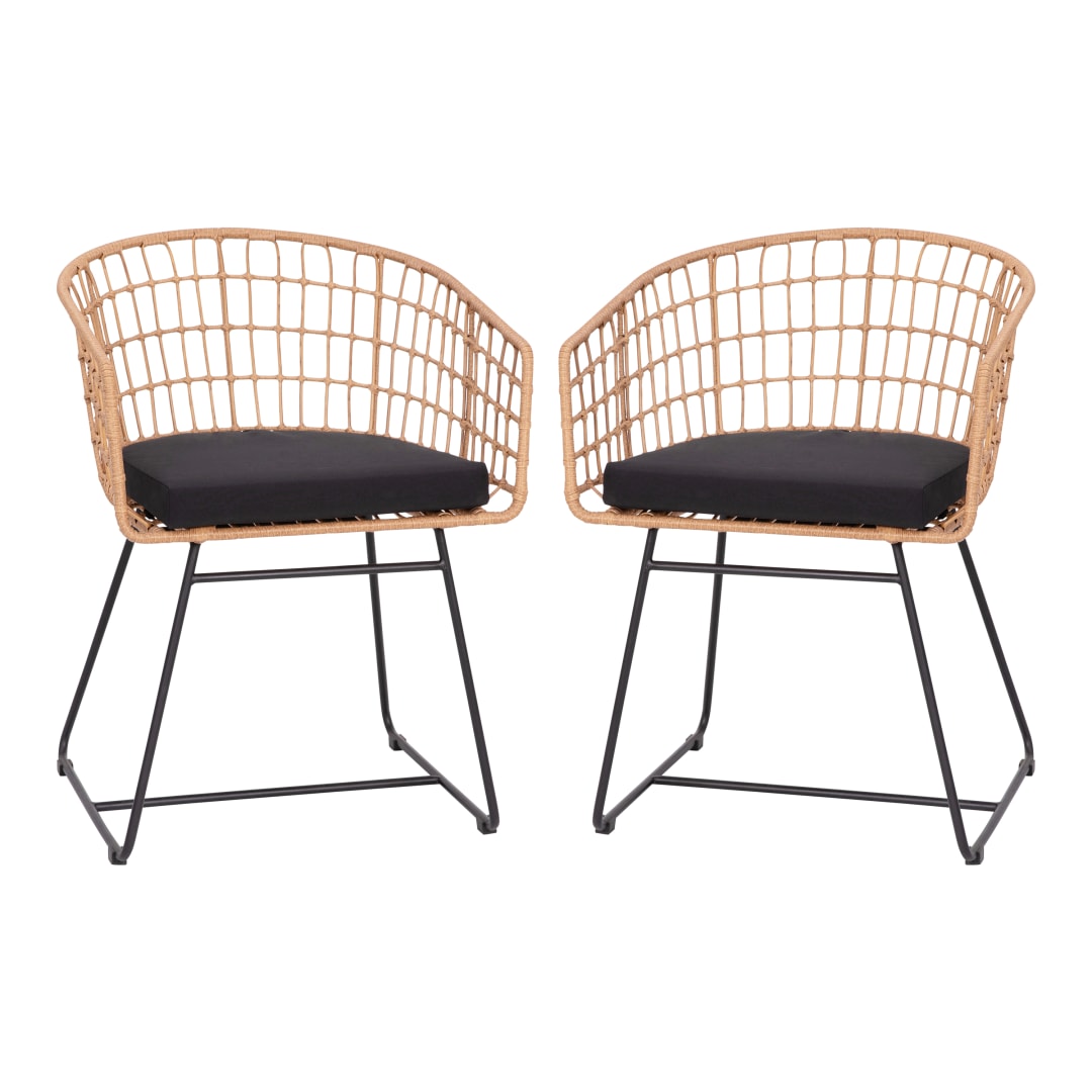 Devon Set of 2 Indoor/Outdoor Patio Boho Club Chairs, Rope with Natural PE Wicker Rattan, Black Cushions and Sled Base