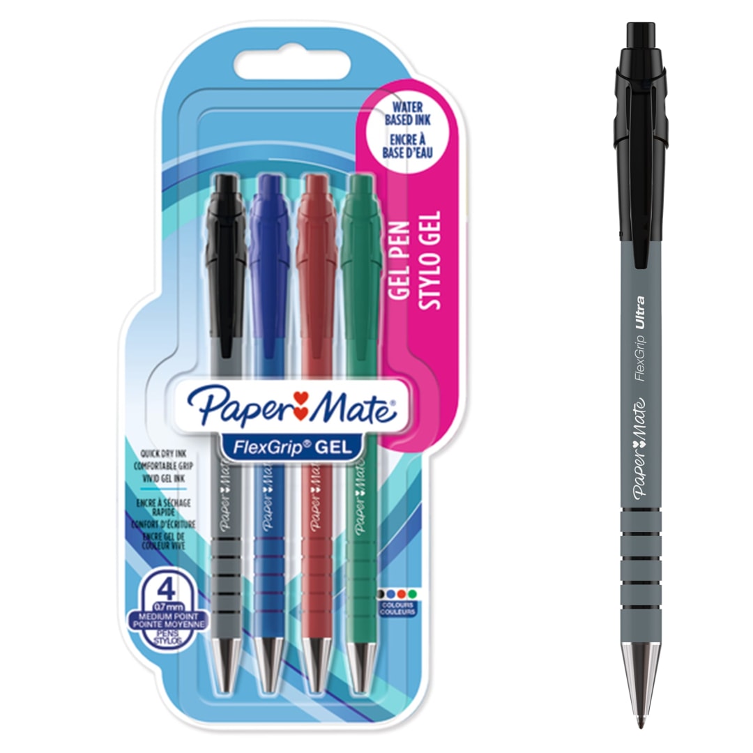 Paper Mate FlexGrip Gel Pens | Medium Point (0.7 mm) | Black, Blue, Red & Green Ink | 4 Count