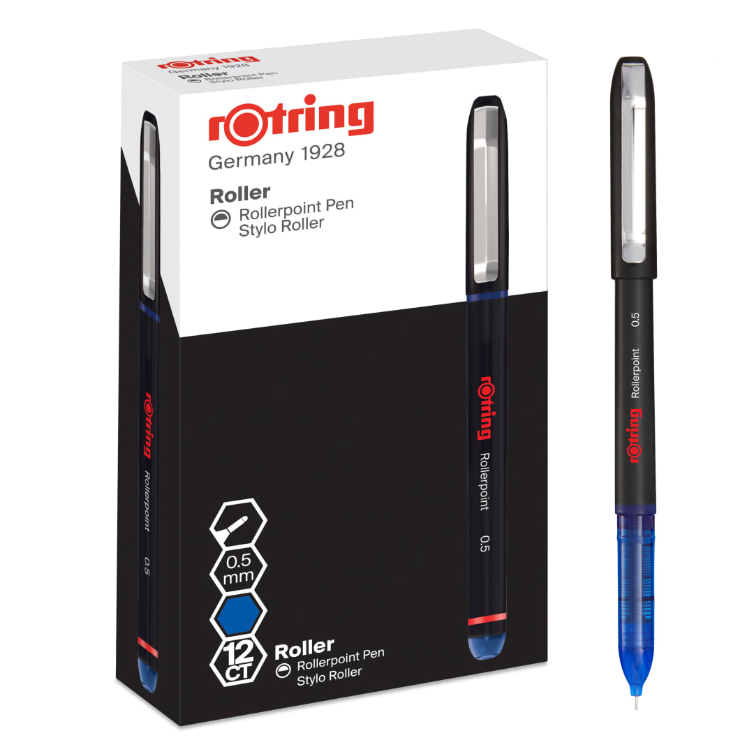 rOtring bolígrafo roller | punta de aguja (0,5 mm) para una escritura precisa | tinta azul | 12 unidades