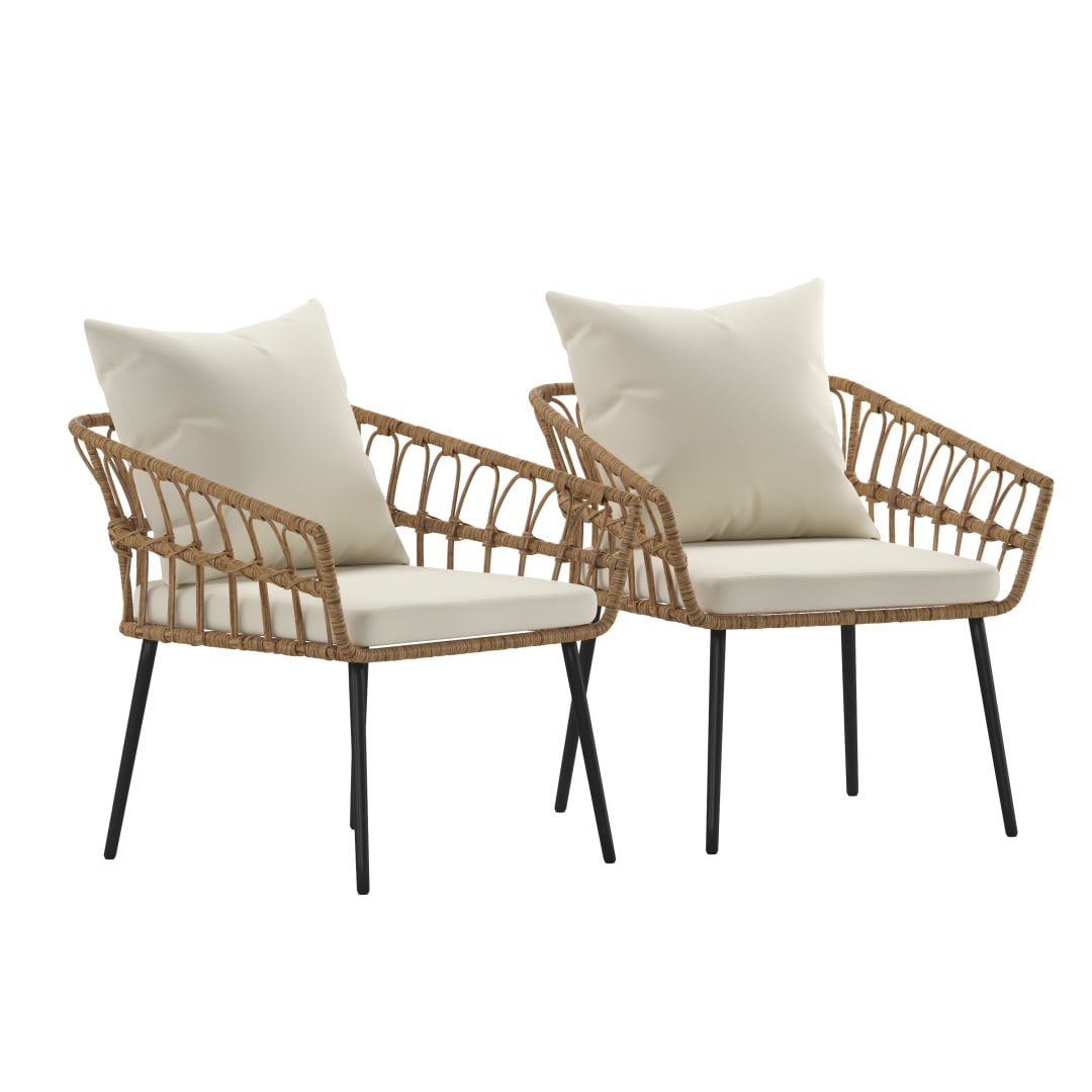 Evin Set of 2 Boho Indoor/Outdoor Rope Rattan Wicker Patio Chairs with Cream All-Weather Cushions, Natural