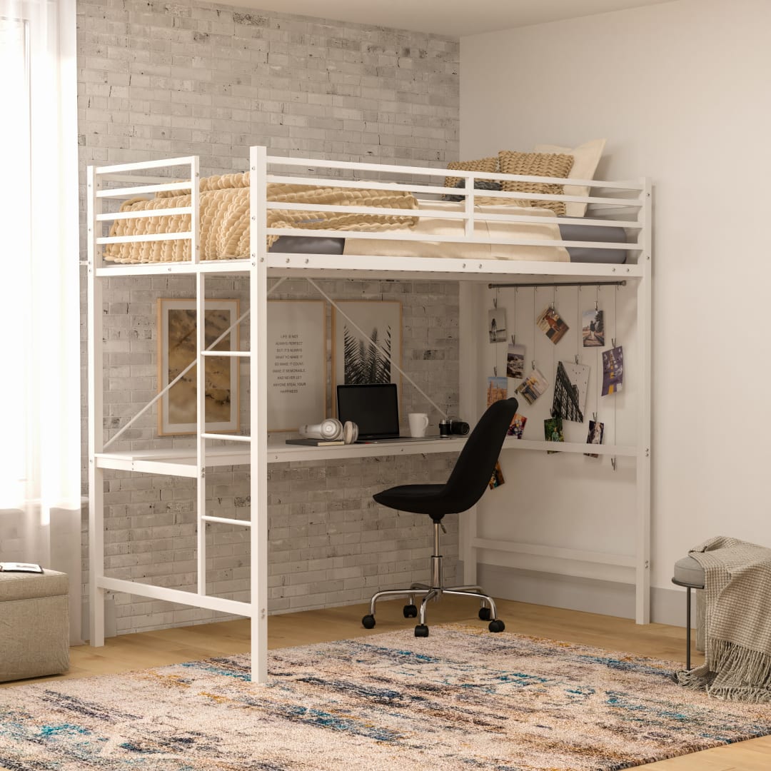 Jake Loft Bed Frame with Desk, Twin Size Metal Bed Frame with Protective Guard Rails &amp; Ladder for Kids, Teens and Adults - White
