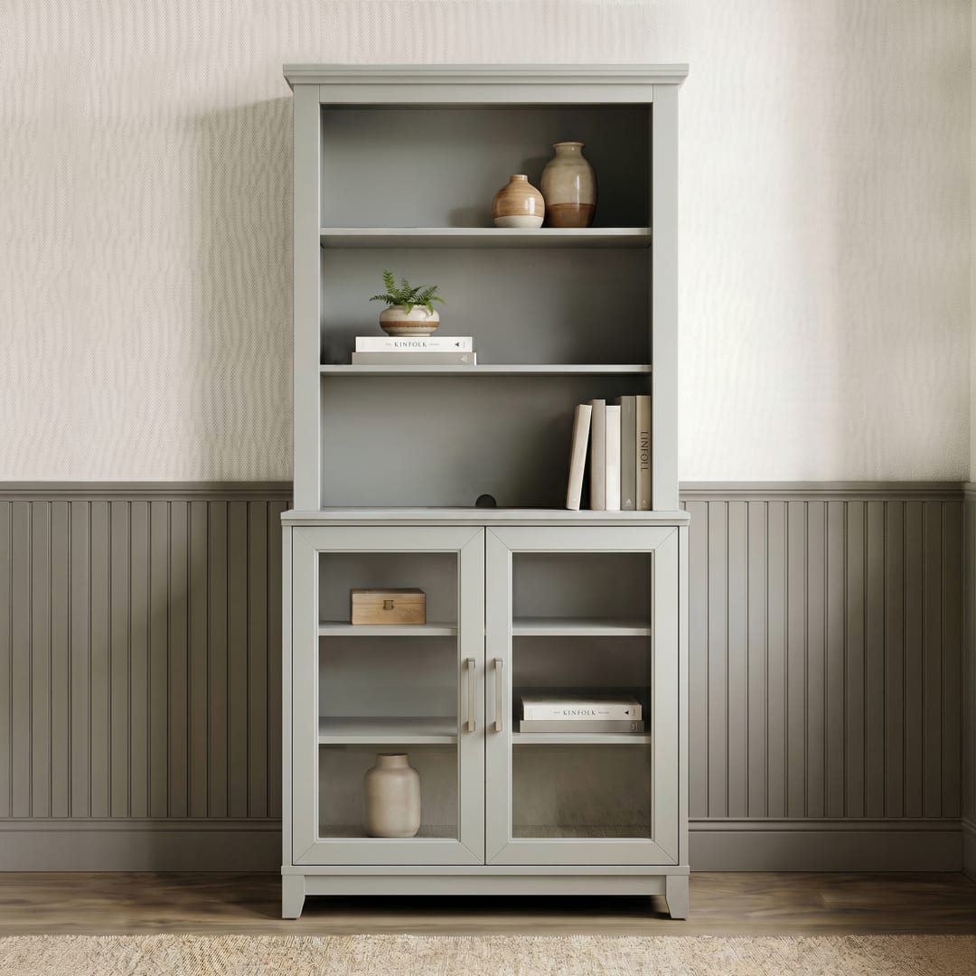 Bedford 2-Piece Modular Shaker Wood Cabinet and Hutch Set, Brushed Stainless Steel Hardware, Open Top Shelves, Soft-Close Glass Doors, Bedford Gray