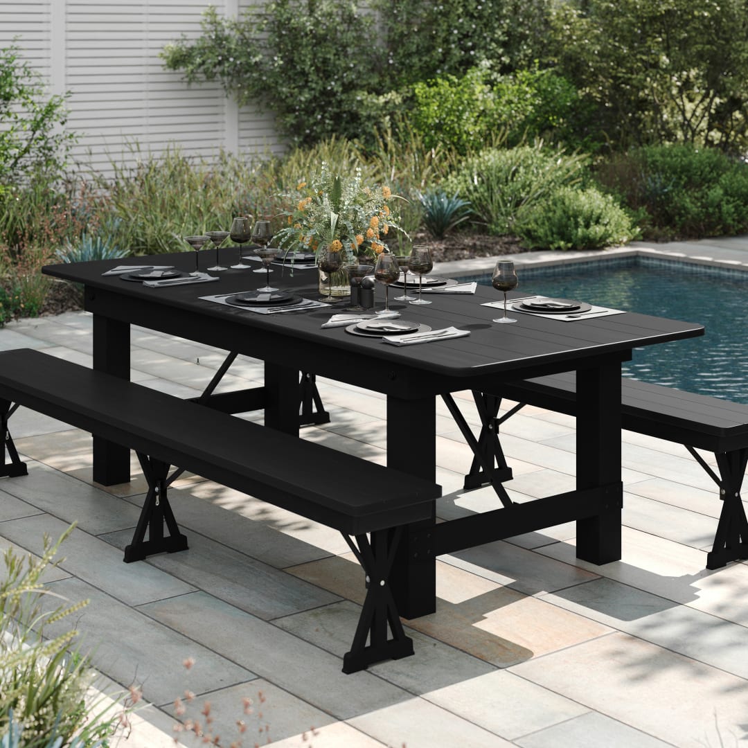HERCULES 8' x 40" Rectangular Black Wash Commercial Farmhouse Folding Table, Antique Rustic Solid Pine Dining Room Table with Foldable Locking Legs