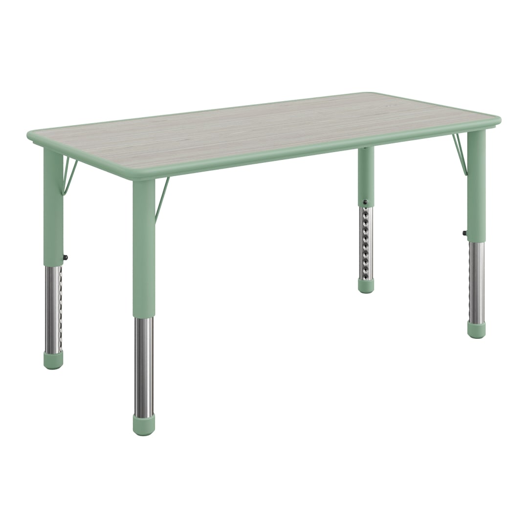 Wren 47.25 x 23.5 Kids Height Adjustable Activity Table for Classrooms, Daycares, Homeschooling, Light Gray Woodgrain Laminate Top with Sage Frame