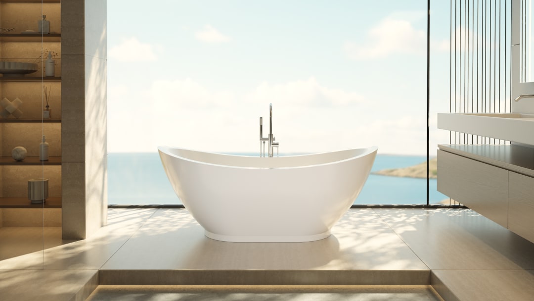 DreamLine Prospero 69 in. L x 32 1/2 in. W x 27 in. H Acrylic Double Slipper Freestanding Tub, Polished Brass