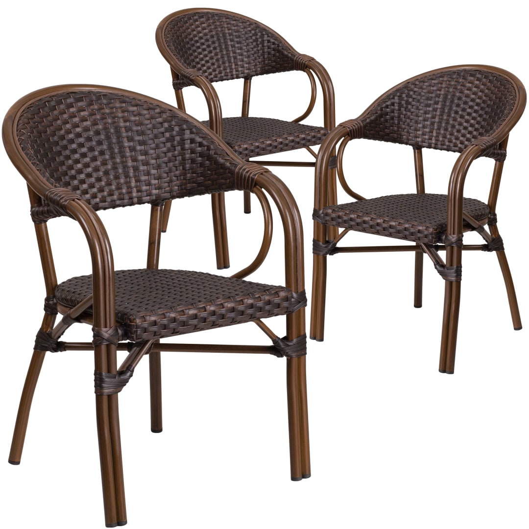 Lila 3 PK Dark Brown Rattan Restaurant Patio Chair with Red Bamboo-Aluminum Frame