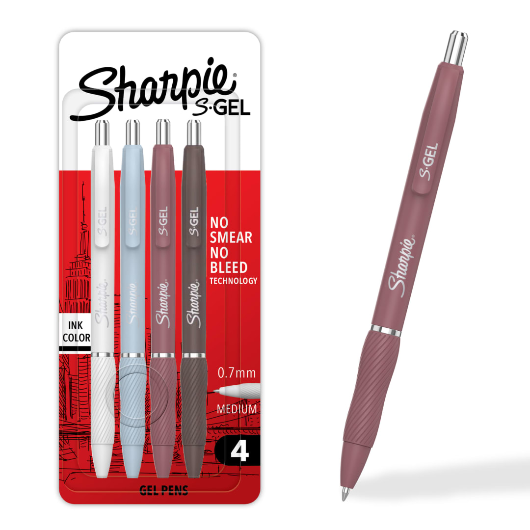 Sharpie S-Gel, Gel Pens, Medium Point (0.7mm), Assorted Fashion Barrels, Black Ink, 4 Count
