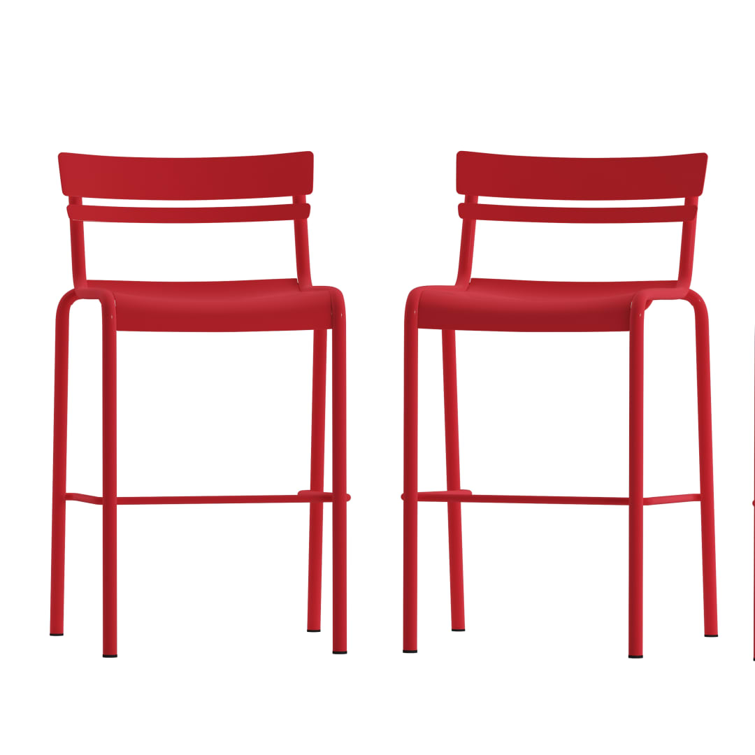 Nash Commercial Grade Red Metal Indoor-Outdoor Bar Height Stool with 2 Slats, Set of 2