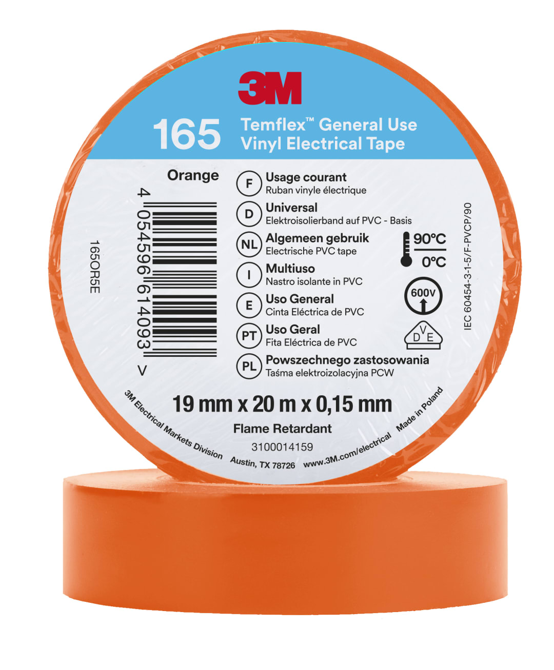 3M™ Temflex™ Vinyl Electrical Tape 165, Orange, 19 mm x 20 m, 100 Rolls/Case