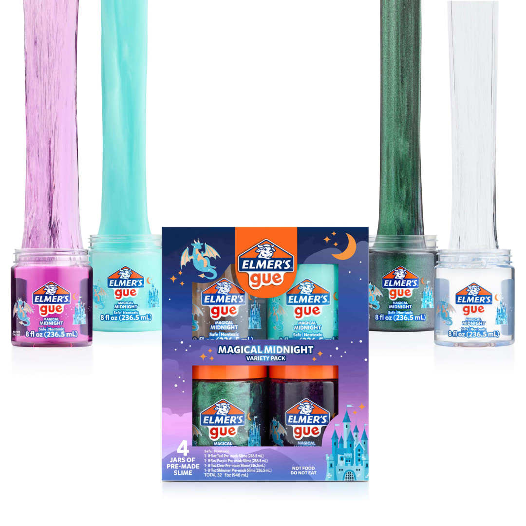 Elmer's Gue Premade Slime, Magical Midnight Slime Variety Pack, Includes Fun, Unique Effects, 4 Count
