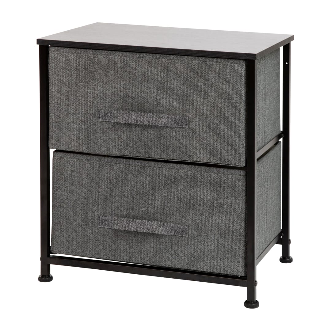 Harris 2 Drawer Wood Top Black Nightstand Storage Organizer with Cast Iron Frame and Dark Gray Easy Pull Fabric Drawers