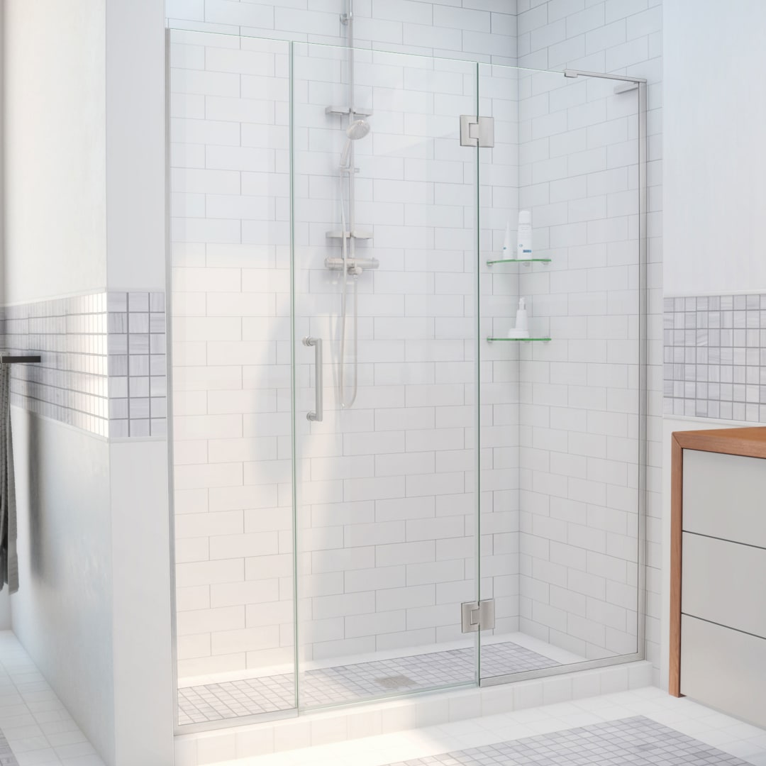 DreamLine Unidoor-X 65 - 65 1/2 inch W x 72 inch H Frameless Hinged Shower Door in Brushed Nickel - Right Wall Installation