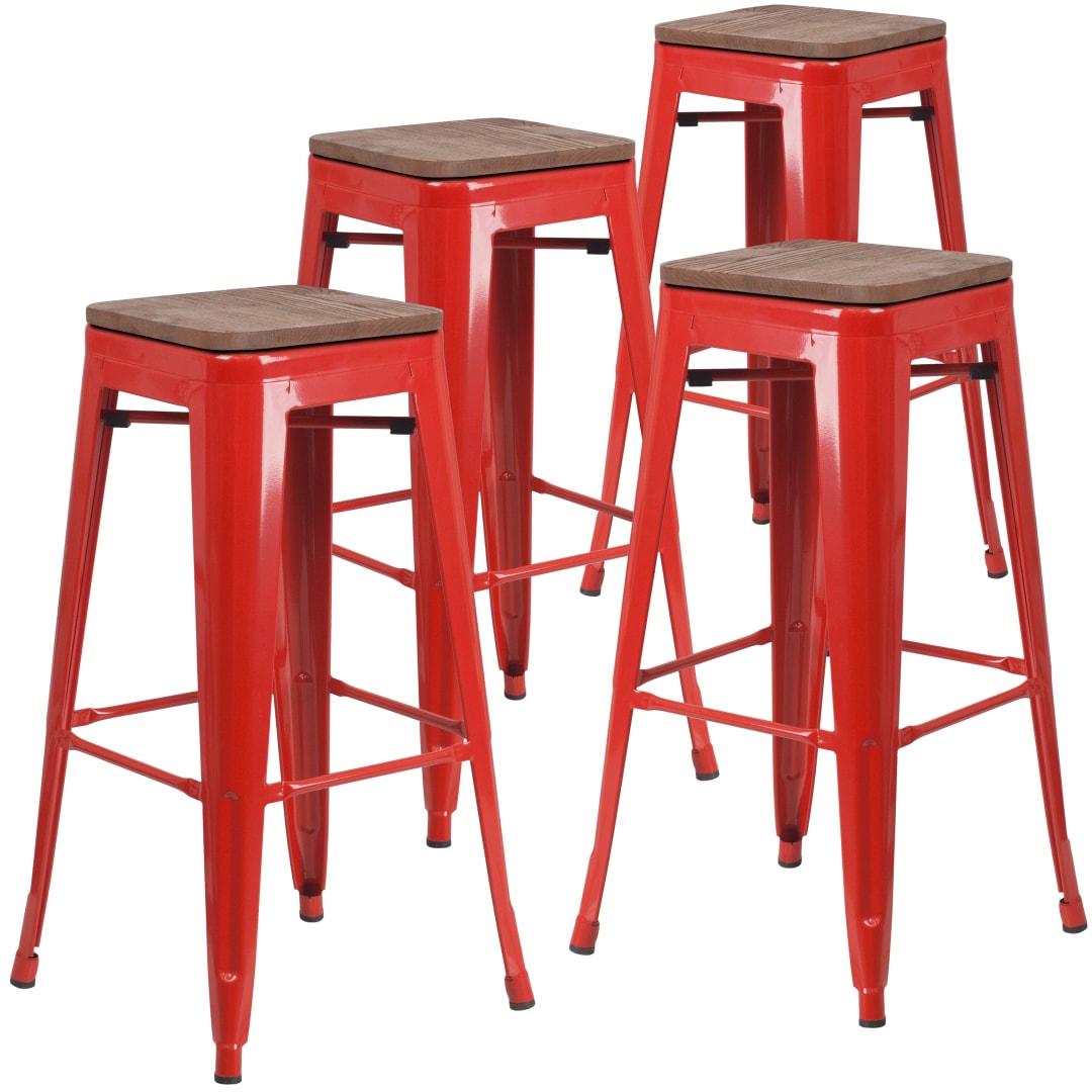 Lily 4 Pk. 30" High Backless Red Metal Barstool with Square Wood Seat