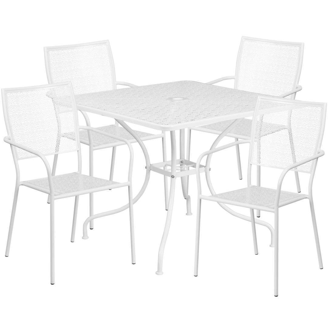 Oia Commercial Grade 35.5" Square White Indoor-Outdoor Steel Patio Table Set with 4 Square Back Chairs