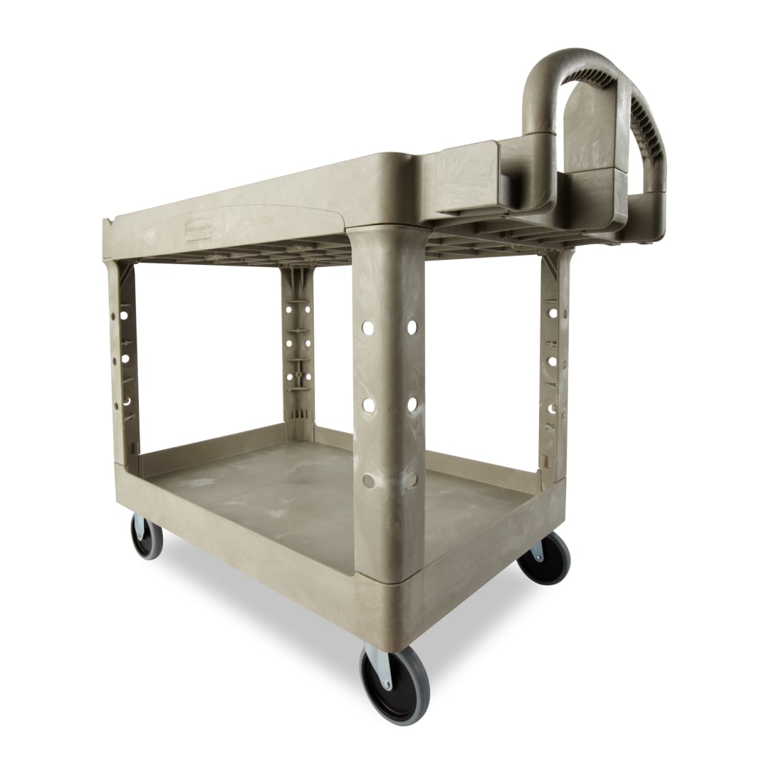 BRUTE Heavy Duty Ergo Handle Utility Cart, Lipped Shelf, Medium, Beige