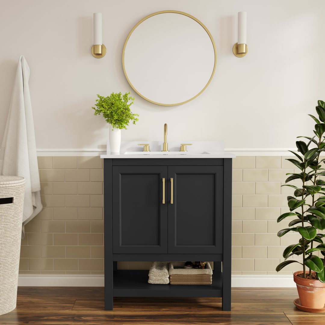 Vega 30" Bathroom Vanity with Sink, Storage Cabinet with Soft Close Doors &amp; Open Shelf, Carrara Marble Finish Counter &amp; Gold Hardware, Black/White
