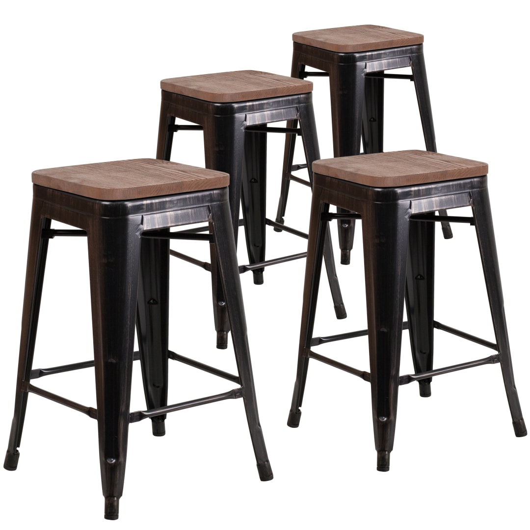 Lily 4 Pk. 24" High Backless Black-Antique Gold Metal Counter Height Stool with Square Wood Seat