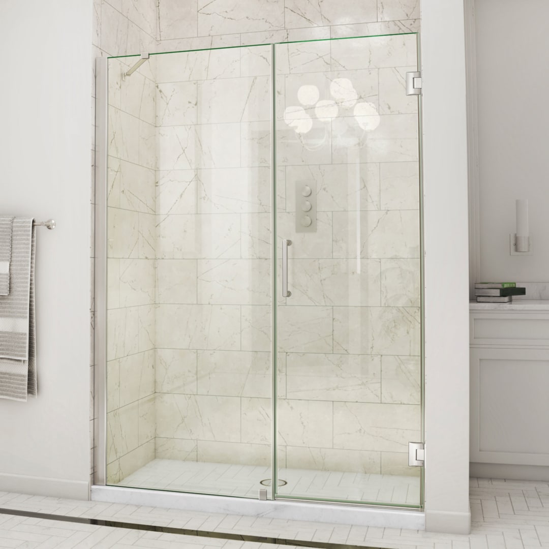 DreamLine Unidoor 60 - 61 inch W x 72 inch H Frameless Hinged Shower Door with Support Arm in Brushed Nickel