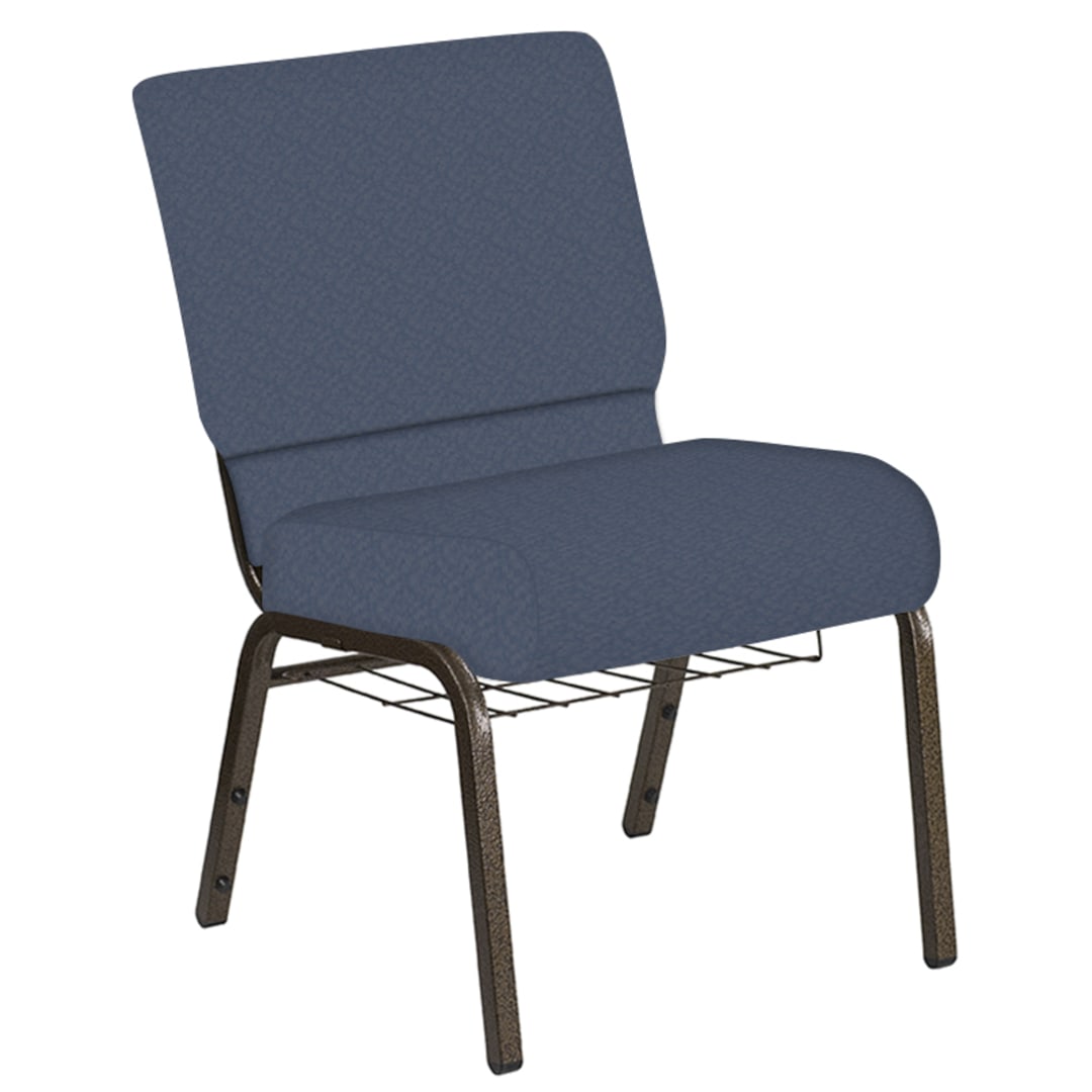 Embroidered 21''W Church Chair in Bonaire Blue Ridge Fabric with Book Rack - Gold Vein Frame