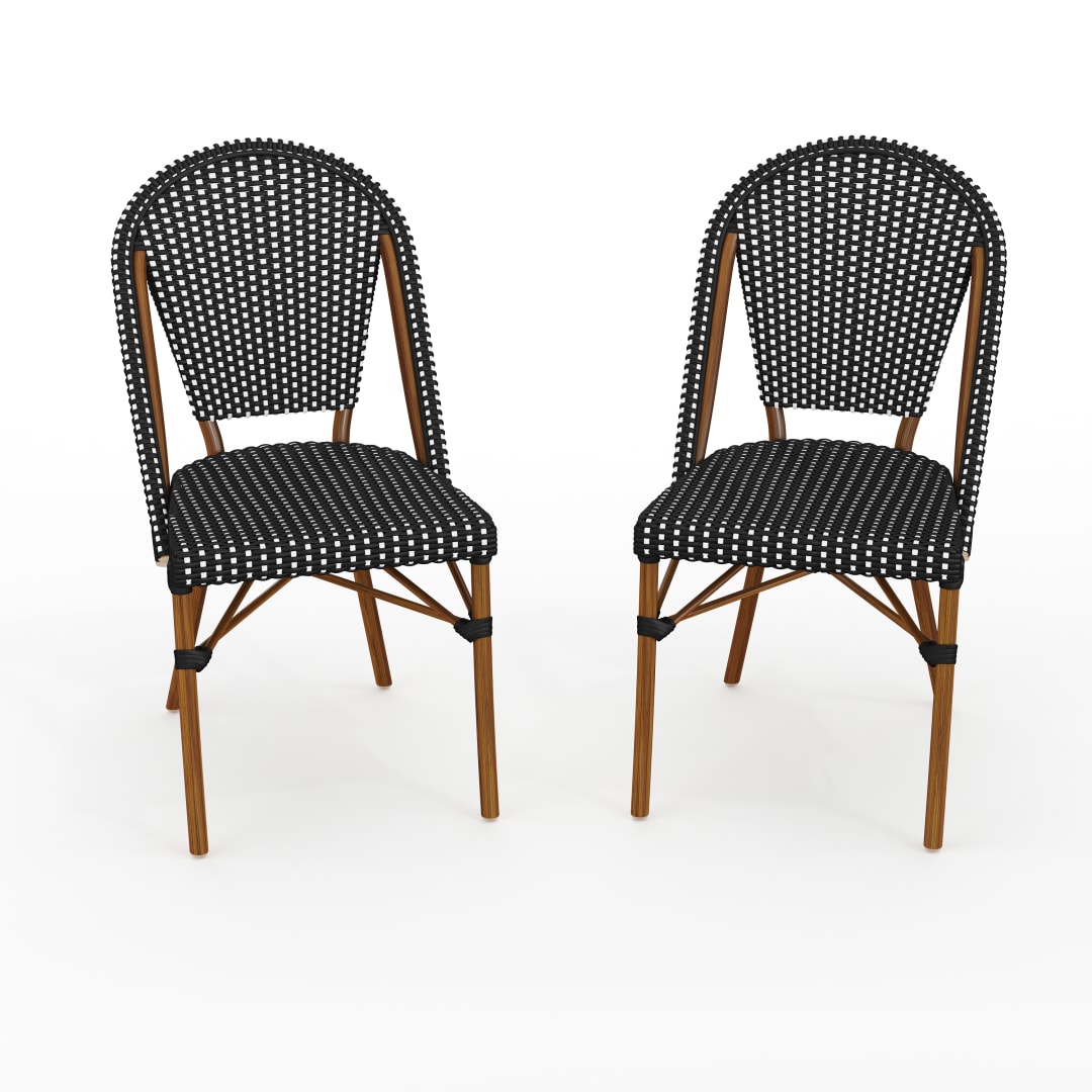 Lily Pond Set of 2 Indoor-Outdoor Stackable Bistro Chairs with Natural Woodgrain Aluminum Finish Frames and Black/White Woven Rattan Backs/Seats