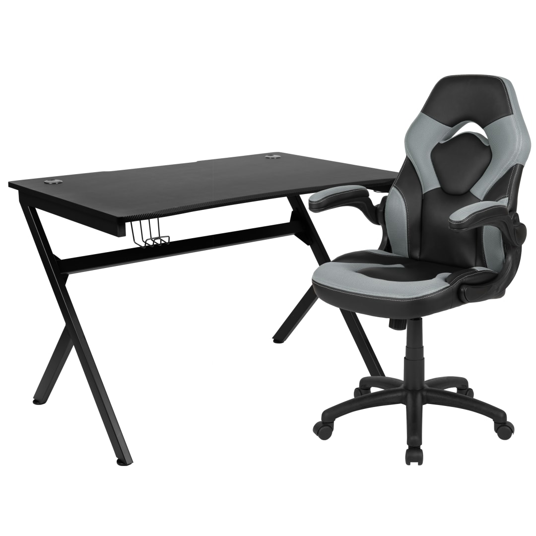Optis Black Gaming Desk and Gray/Black Racing Chair Set with Cup Holder, Headphone Hook &amp; 2 Wire Management Holes