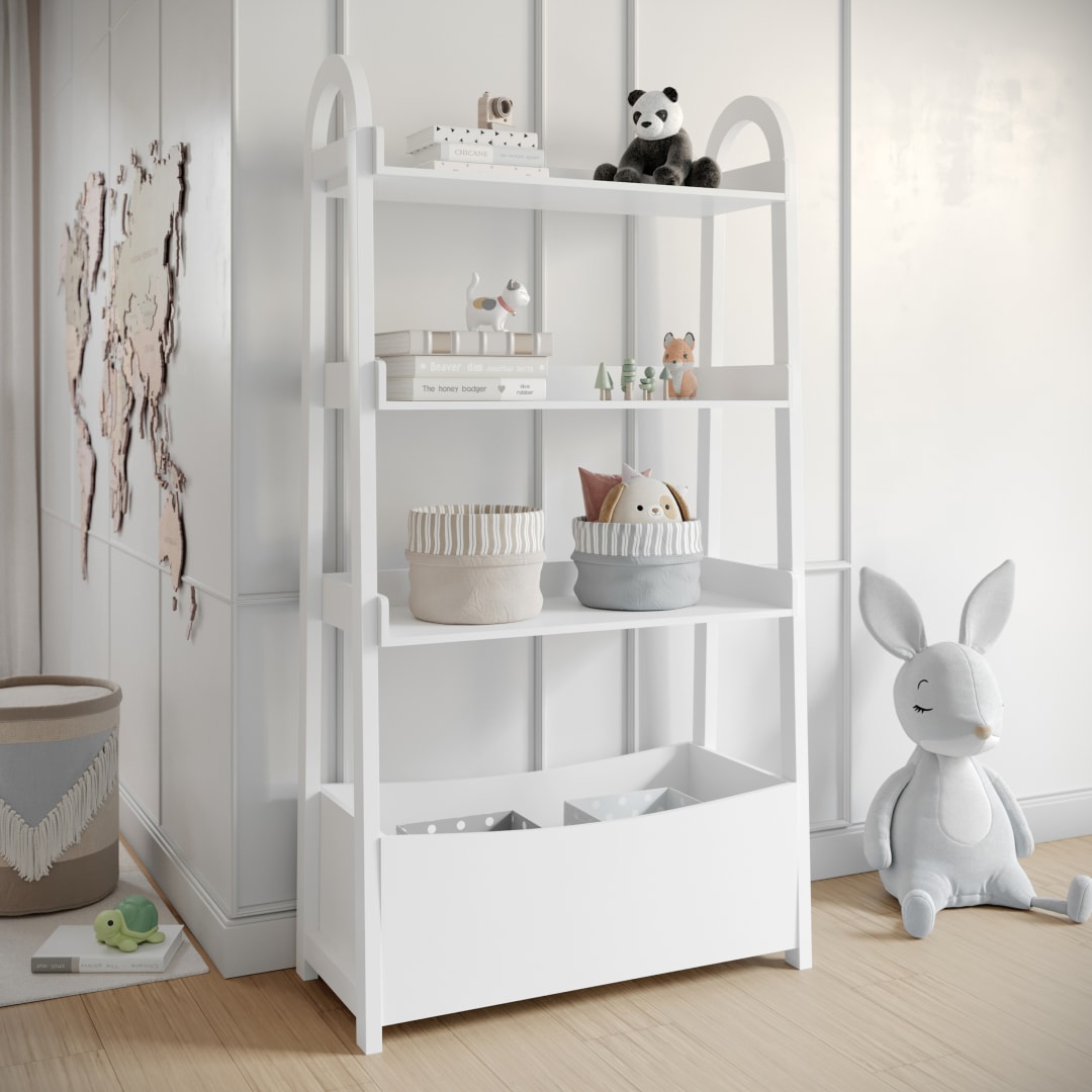 Bellflower Kids Bookshelf with Arch-Top Sides, 3 Open Shelves and Bottom Storage Compartment