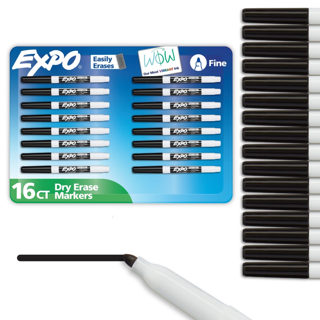 EXPO Dry Erase Markers, Low Odor Ink, Black, Fine Tip, 16 Count
