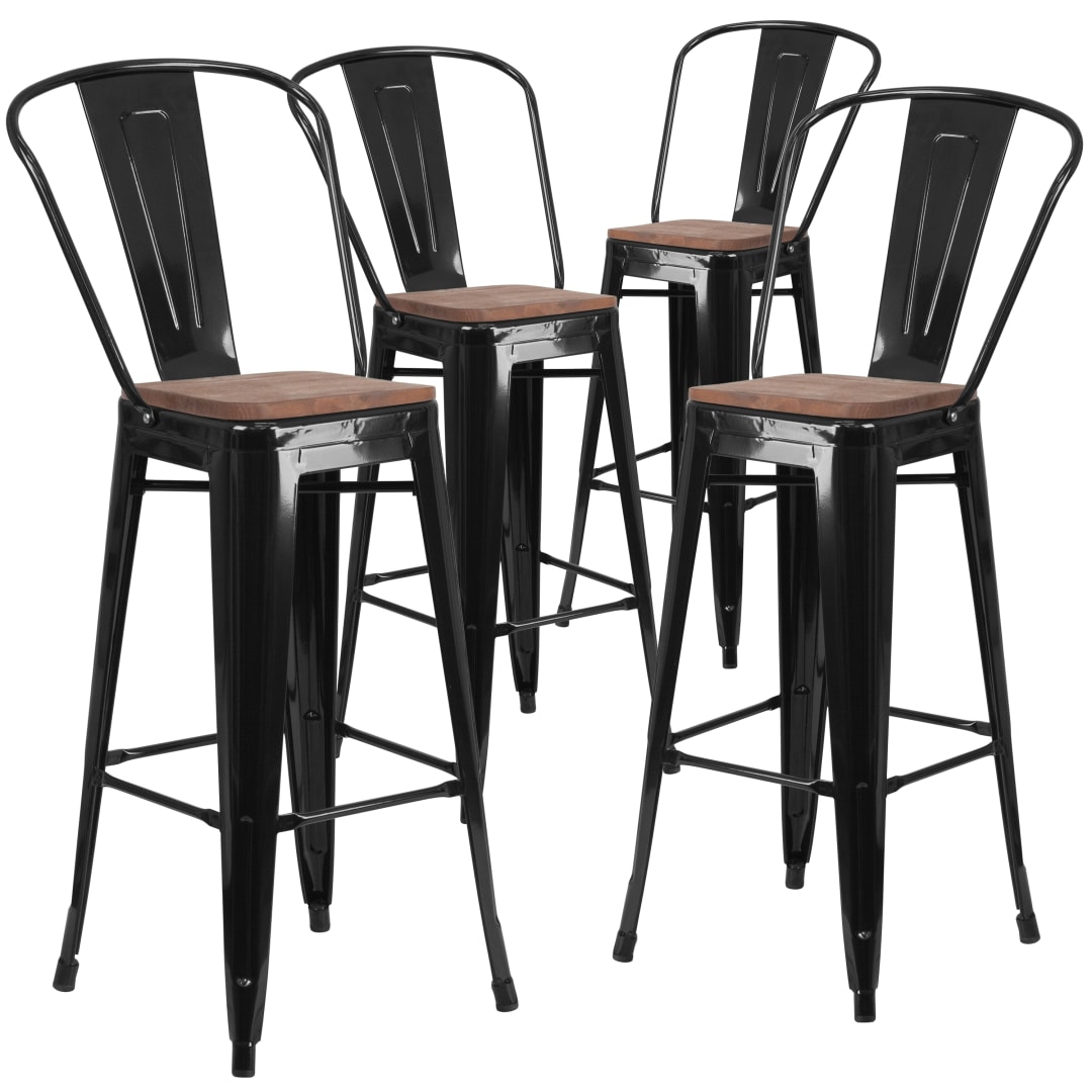 Lily 4 Pack 30" High Black Metal Barstool with Back and Wood Seat