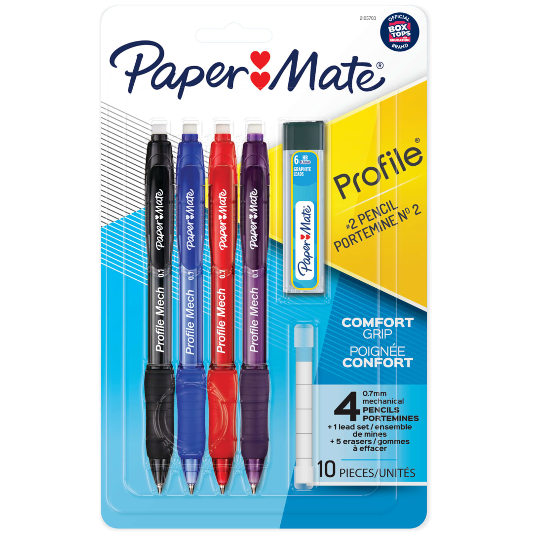 Paper Mate Profile Mech Mechanical Pencil Set, 0.7mm #2 Pencil Lead, Great for Home, School, Office Use, Includes Lead Refill and Eraser Refills, Assorted Barrel Colors, 4 Count