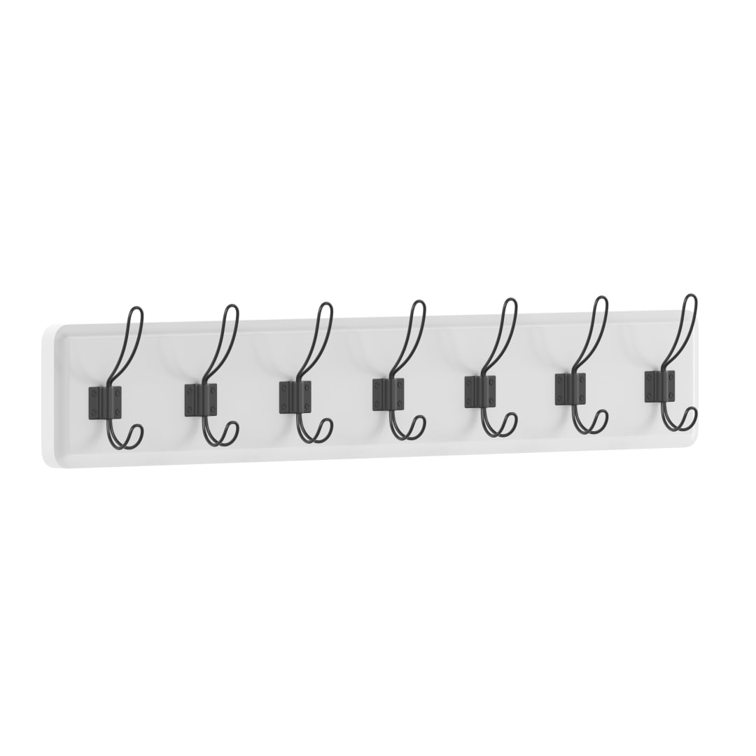 Daly Wall Mounted 34 Inch Solid White Pine Wood Storage Rack with 7 Hooks For Entryway, Kitchen, Bathroom