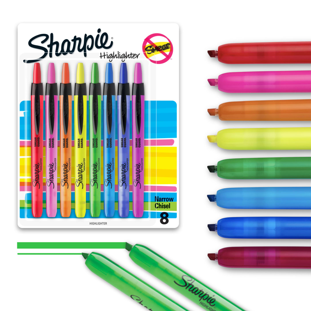 Sharpie® Retractable Highlighters, Chisel Tip, Assorted, 8 Count