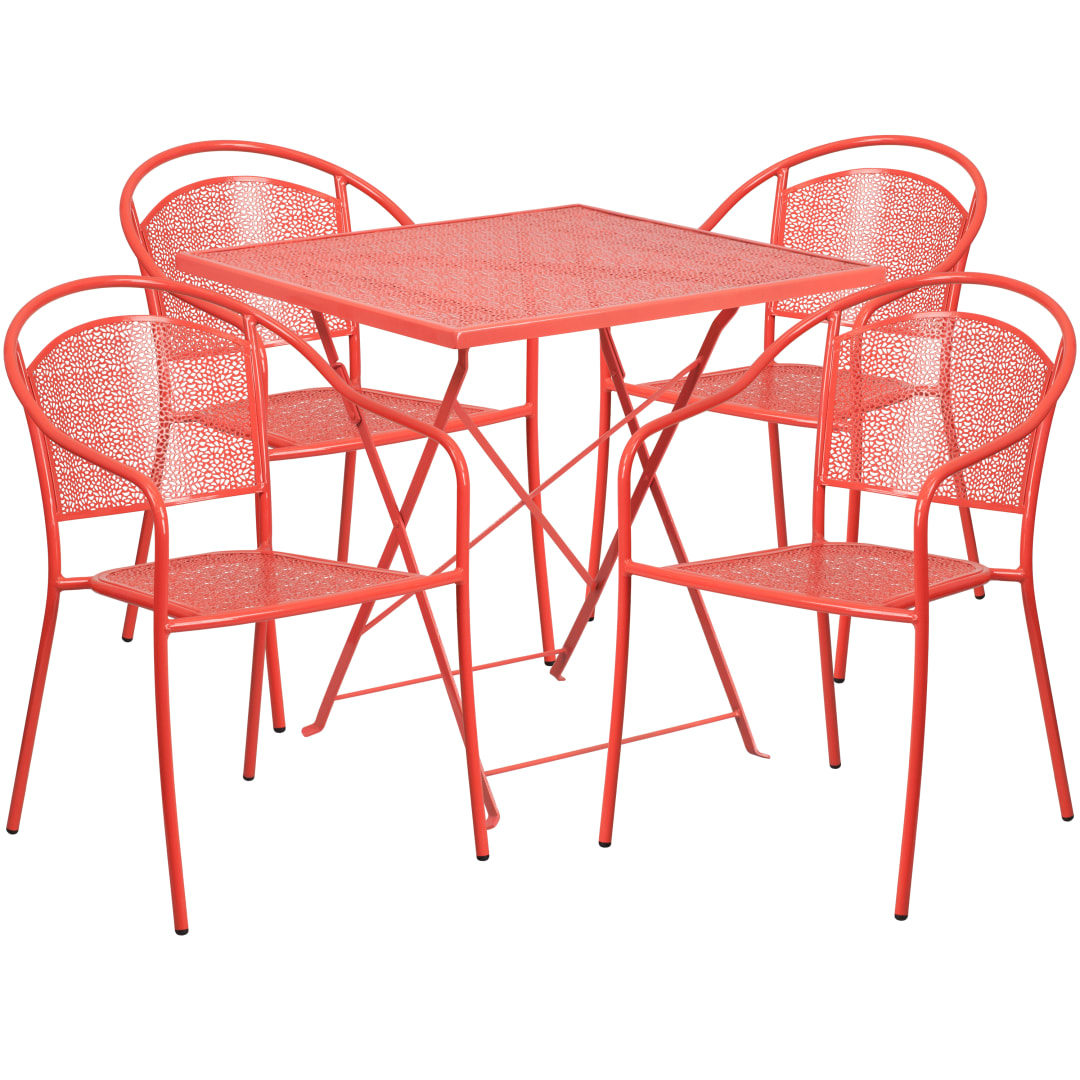 Oia Commercial Grade 28" Square Coral Indoor-Outdoor Steel Folding Patio Table Set with 4 Round Back Chairs