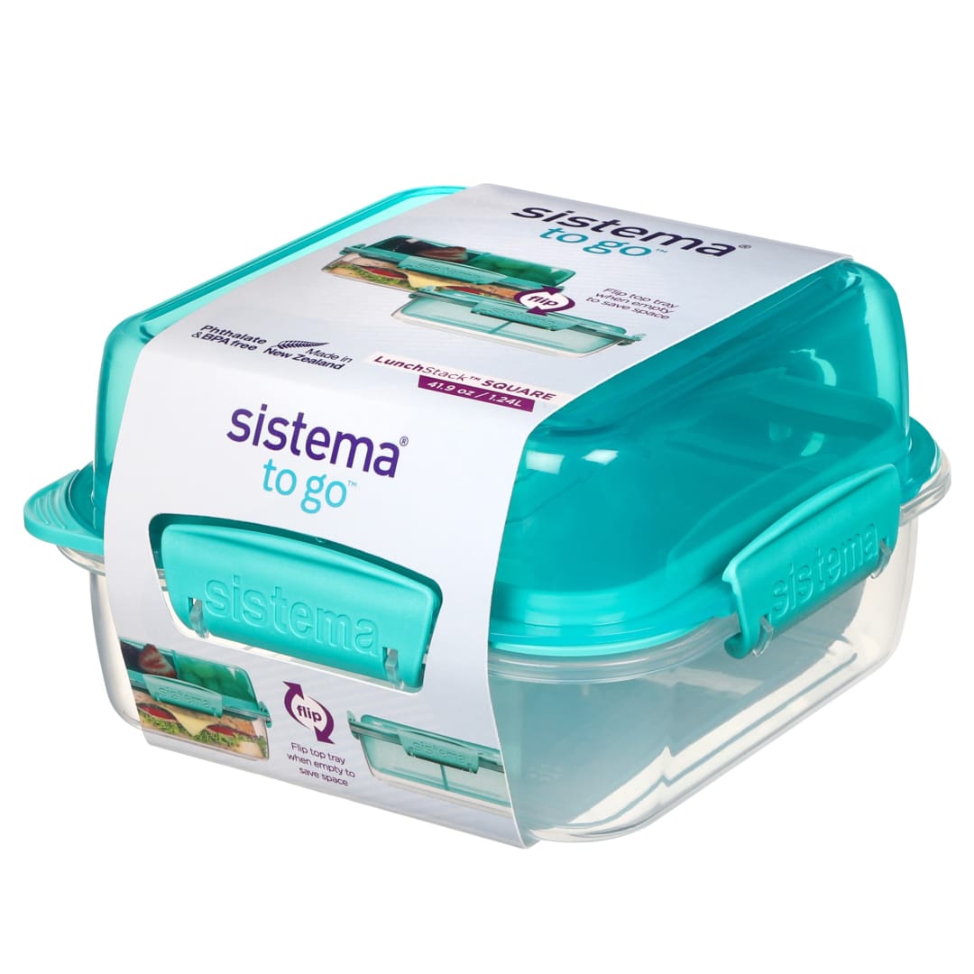 Sistema Lunch Stack Square To Go Lunch Box | 1.24 L Food Container with Bento-Style Compartments | BPA-Free | Minty Teal