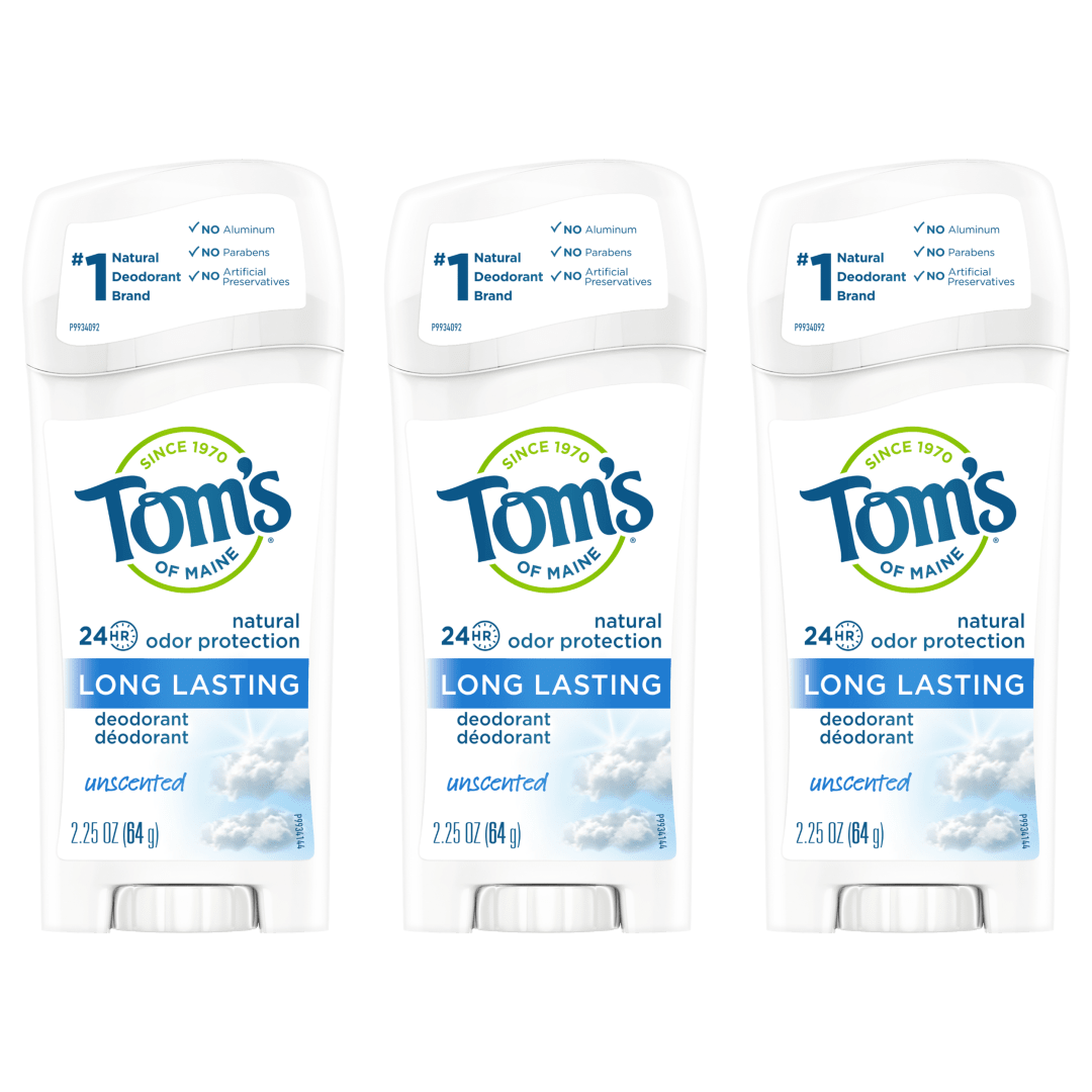 Tom's of Maine Long Lasting Deodorant, Natural Deodorant, Deodorant, Unscented, 2.25 Ounce, 6-Pack<li>Tom's of Maine Aluminum-Free Natural Long-Lasting Deodorant Stick, Deodorant for Women, Deodorant for Men, Unscented, 2.25 Ounce, 1-Pack