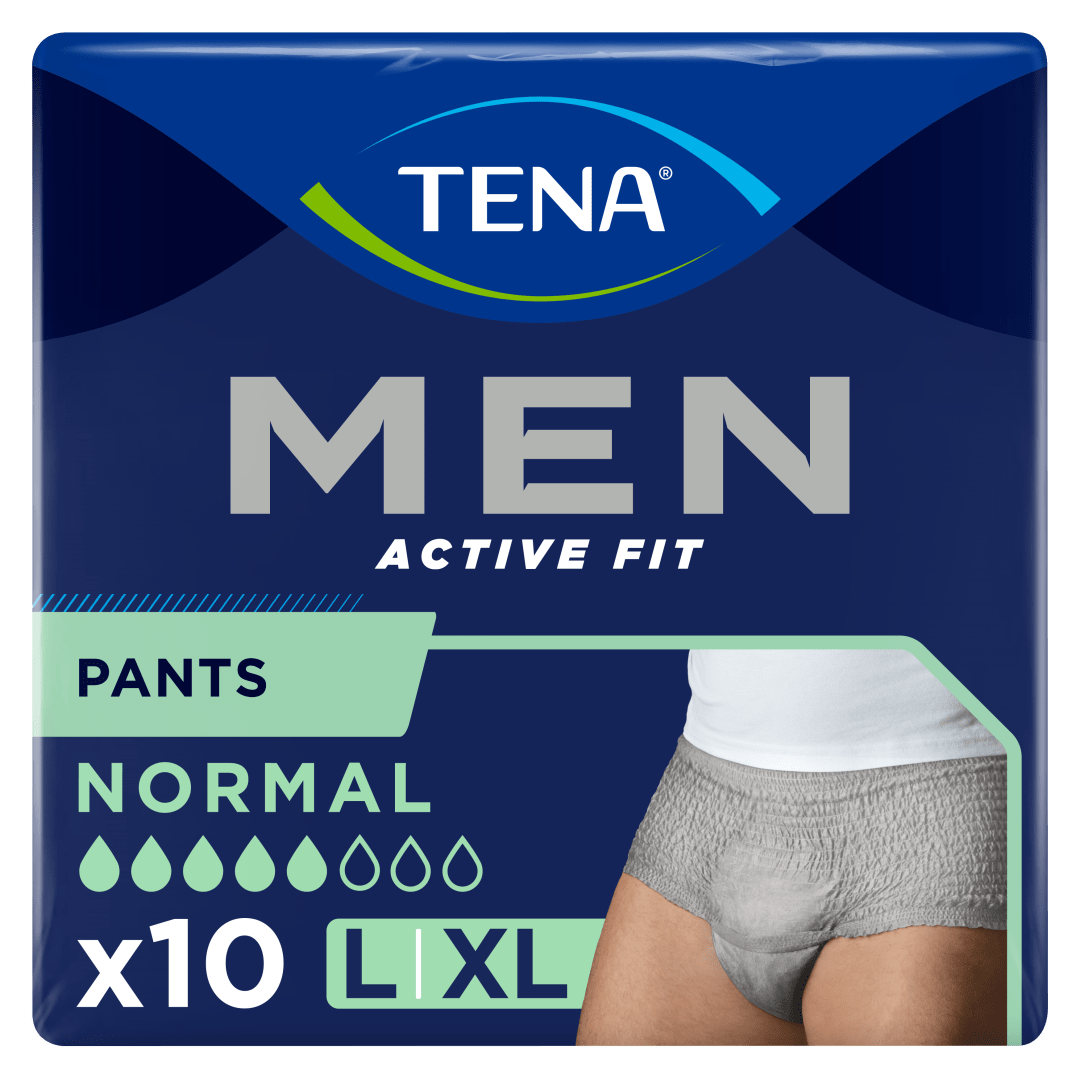 TENA Men Active Fit Pants Normal – Incontinence Pants for Men, Medium Urine Leakage, Triple Protection Against Leaks, Odour &amp; Moisture, Comfortable Underwear-Like Fit - L/XL, Pack of 10