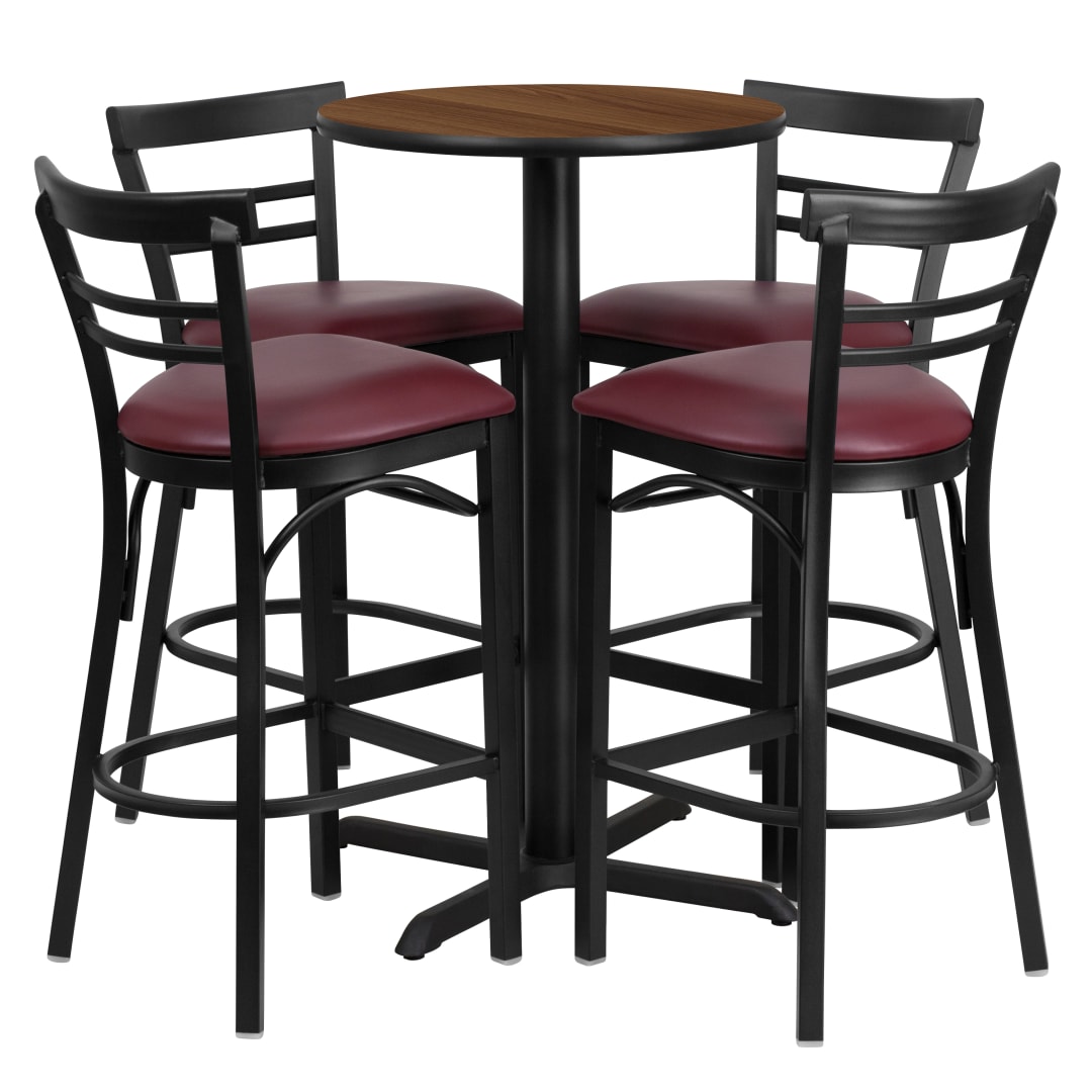 Carlton 24'' Round Walnut Laminate Table Set with X-Base and 4 Two-Slat Ladder Back Metal Barstools - Burgundy Vinyl Seat