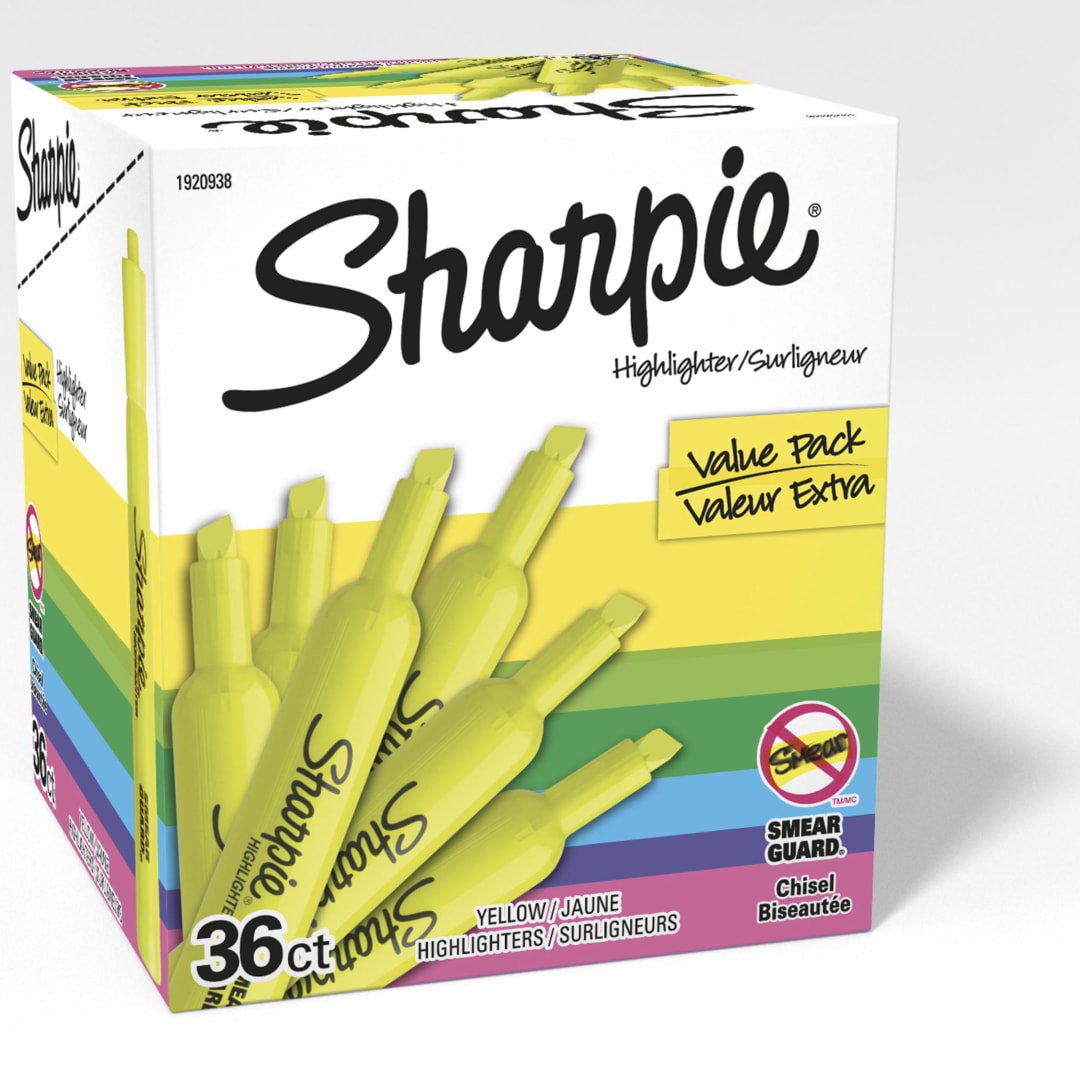 Sharpie® Tank Style Highlighters, Chisel Tip, Fluorescent Yellow, 36 Count