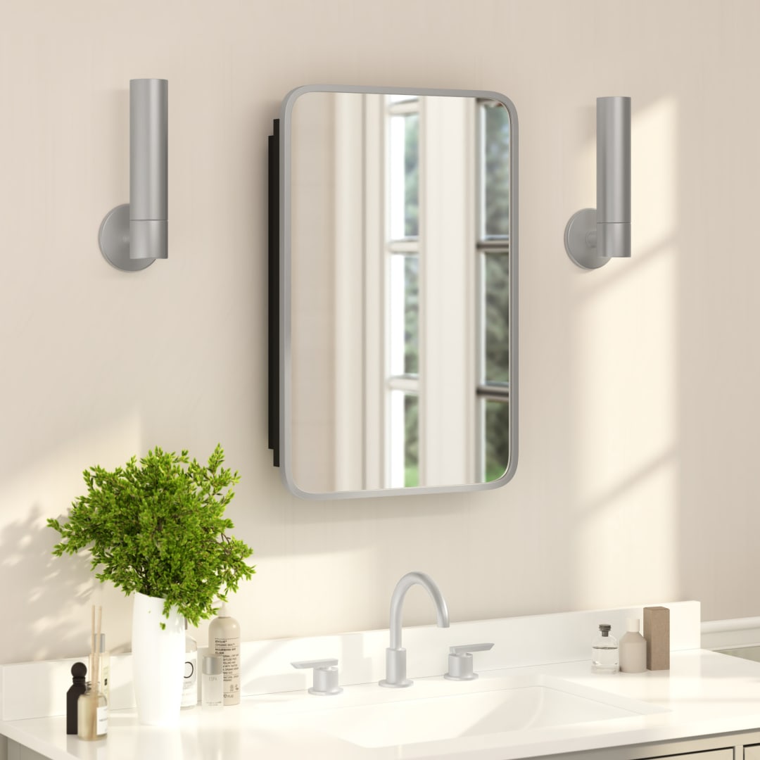 Jolie 16" x 24" Recessed Bathroom Medicine Cabinet with Rounded Beveled Mirror and Reversible Metal Frame in Silver