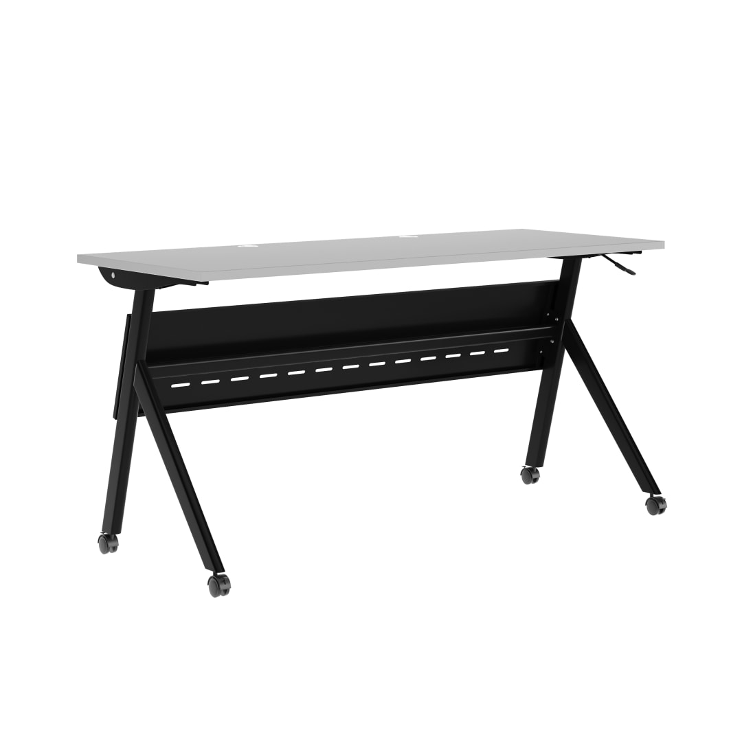 Davis Commercial Grade 60" x 24" Heavy-Duty Nesting Flip Training Table with Y-Legs, Modesty Panel, 1" Thick Gray Tabletop, and Black Steel Frame