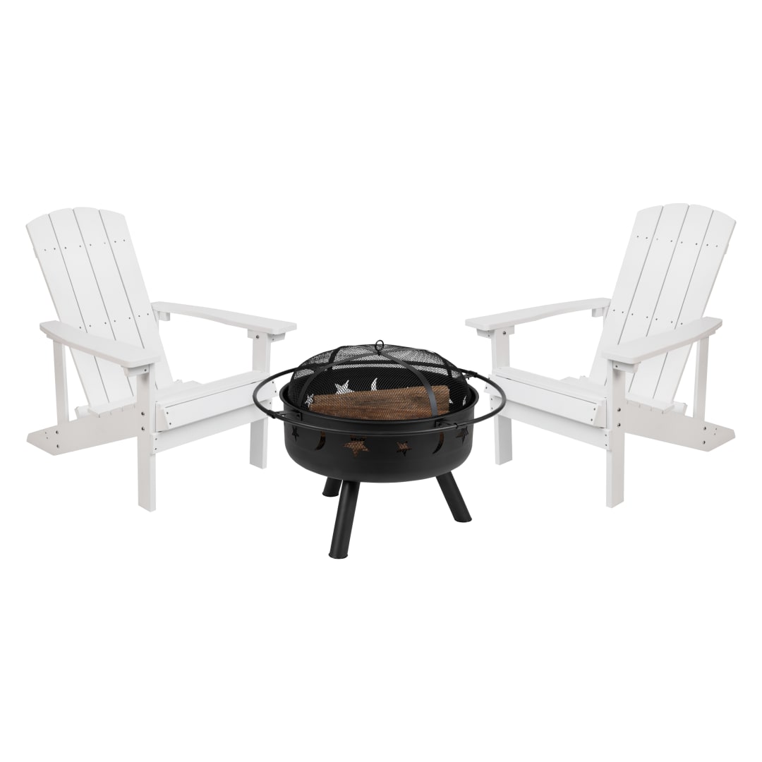 3 Piece Charlestown Commercial White Poly Resin Wood Adirondack Chair Set with Fire Pit - Star and Moon Fire Pit with Mesh Cover