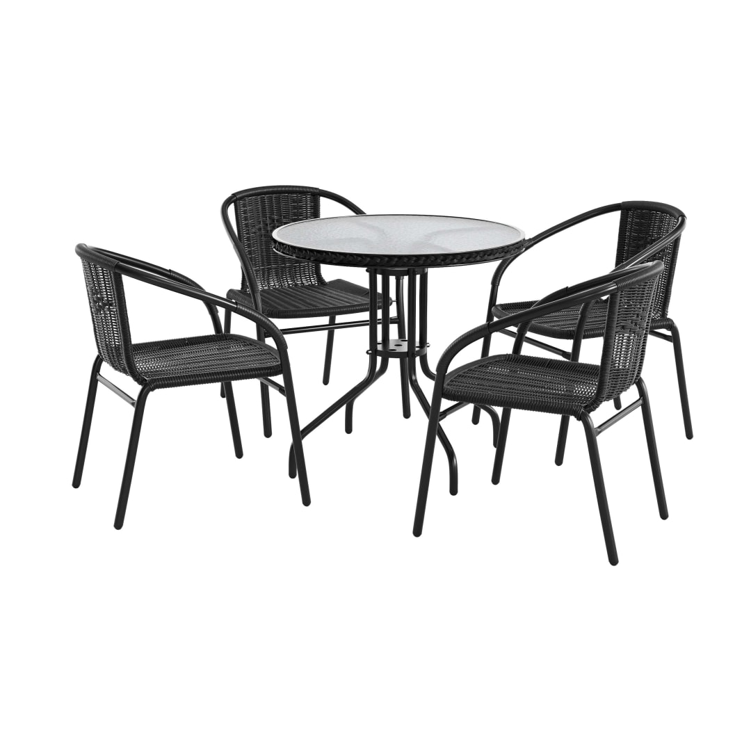 Lila 28'' Round Glass Metal Table with Black Rattan Edging and 4 Black Rattan Stack Chairs