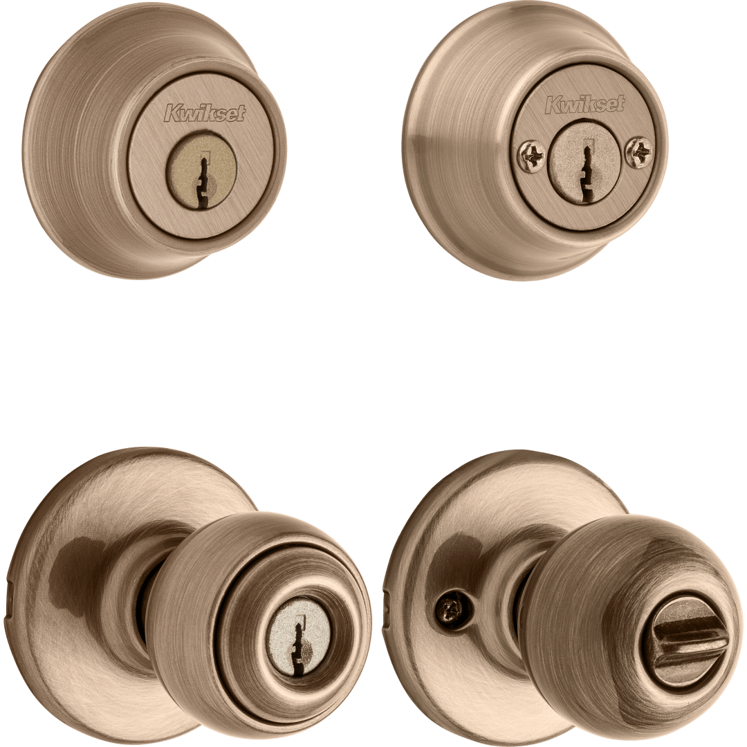 695 Polo Keyed Entry Knob and Double Cylinder Deadbolt Combo Pack in Antique Brass